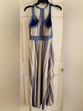Prana Maxi Dress with Built in Bra, Blue Patterned with Yellow Accents